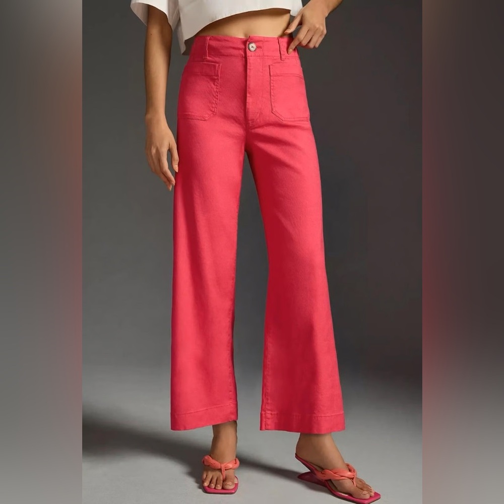 Anthropologie Maeve The Colette Cropped Linen Wide-Leg Pant Rose Pink New
